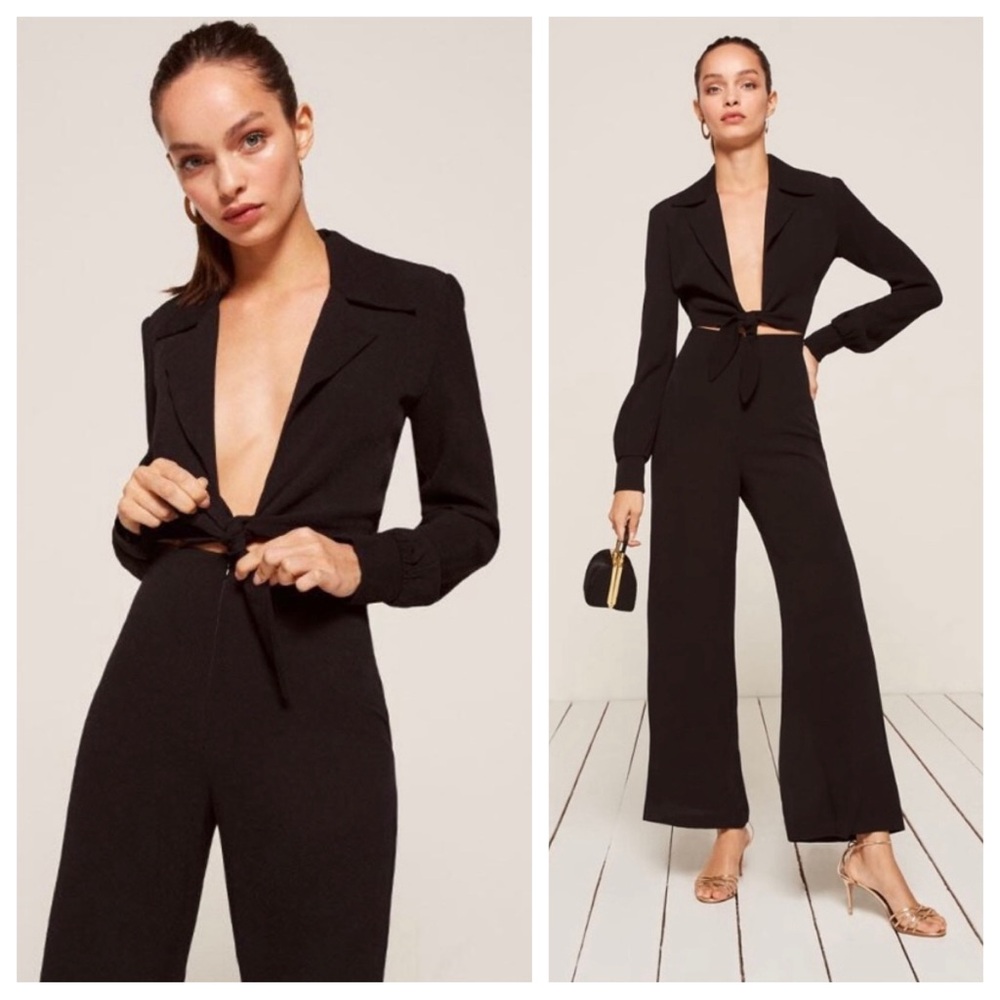 REFORMATION Jett Jumpsuit Black Cutout Tie Collared Long Sleeve 0